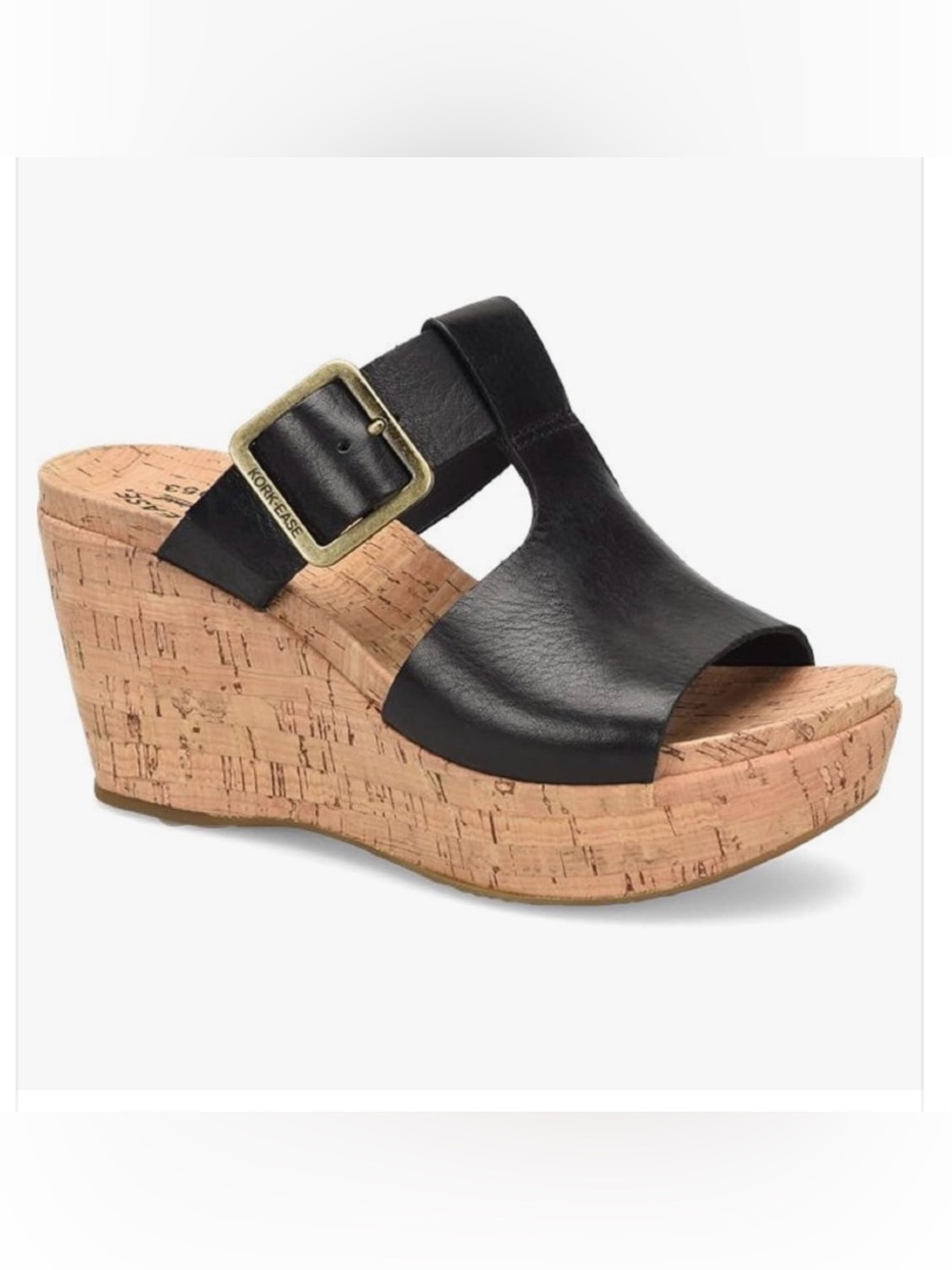 Kork-Ease Black Leather Cork Wedge Sandal with Brass Buckle New Size 11